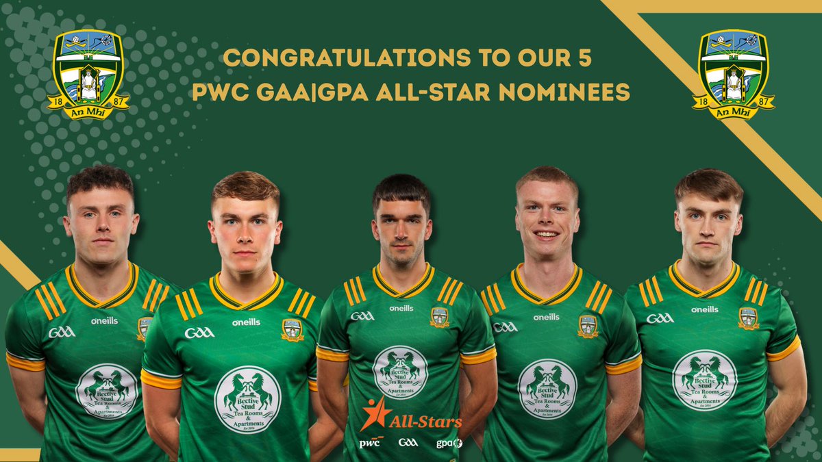 Congratulations to our 5 players who have been nominated for the PwC GAA|GPA All-Stars.

Following their outstanding performances over the course of the season as Meath reached the GAA Football Championship All-Ireland Semi-Final, these nominations are richly deserved.

Ciaran