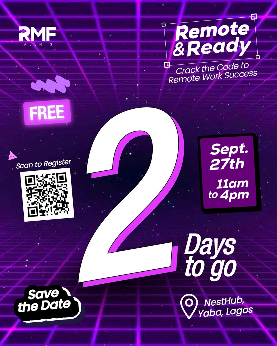 RmfTalents's tweet photo. 2 Days to go!!!

🔥 Only 2 days left!

The Remote &amp; Ready Seminar is your chance to learn, network, and grow with remote work champions and startup builders.
Will you be in the room? 👀

#RMFTalents #RemoteAndReady #RemoteWork #Eventsinlagos https://t.co/WbTBc5UfZ1