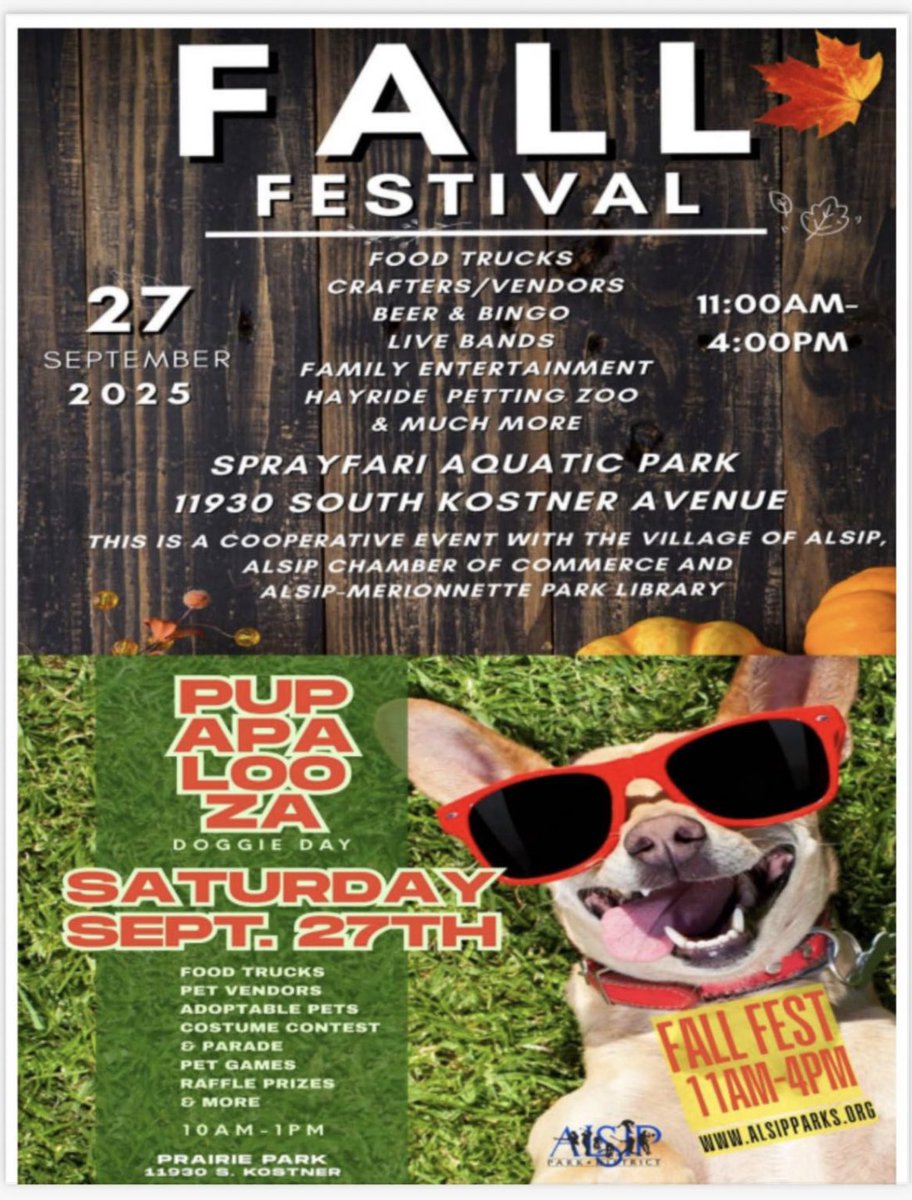 AlsipMP_Library's tweet image. See you at Alsip Fall Fest! We will be sponsoring the Pony rides and Petting Zoo.
Alsip Fall Fest is a cooperative event organized by the Alsip Park District, Village of Alsip, Alsip Chamber of Commerce and the Alsip-Merrionette Park Library.
