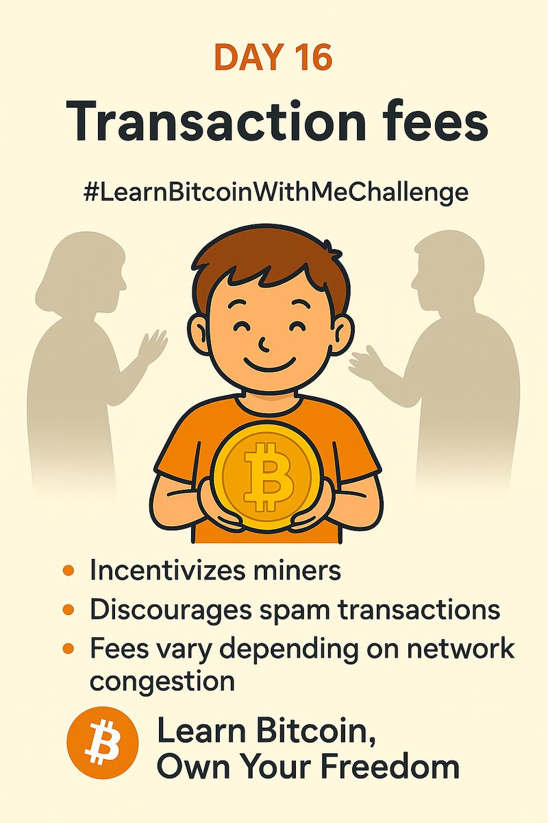 Day 16 of #LearnBitcoinWithMeChallenge 

Transaction fees.

What are transaction fees? Transaction fees are small payments made to miners for verifying and processing transactions on the Bitcoin network. 

1/6