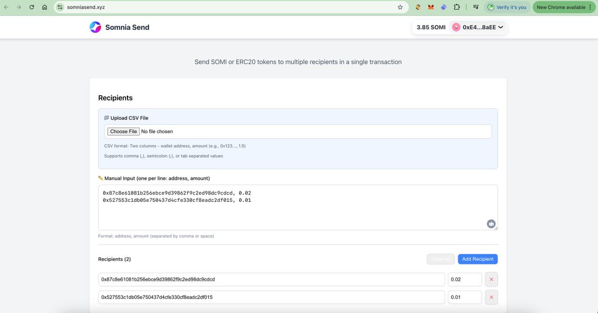 hlee4real's tweet image. Just made a tool for token distribution on Somnia (@SomniaEco) in a few days. 
This tool lets you:
- Send SOMI to multiple wallets in one transaction
- Send ERC20 tokens on Somnia to multiple wallet in one transaction
Feel free to give a try: somniasend.xyz
#SOMI #Somnia