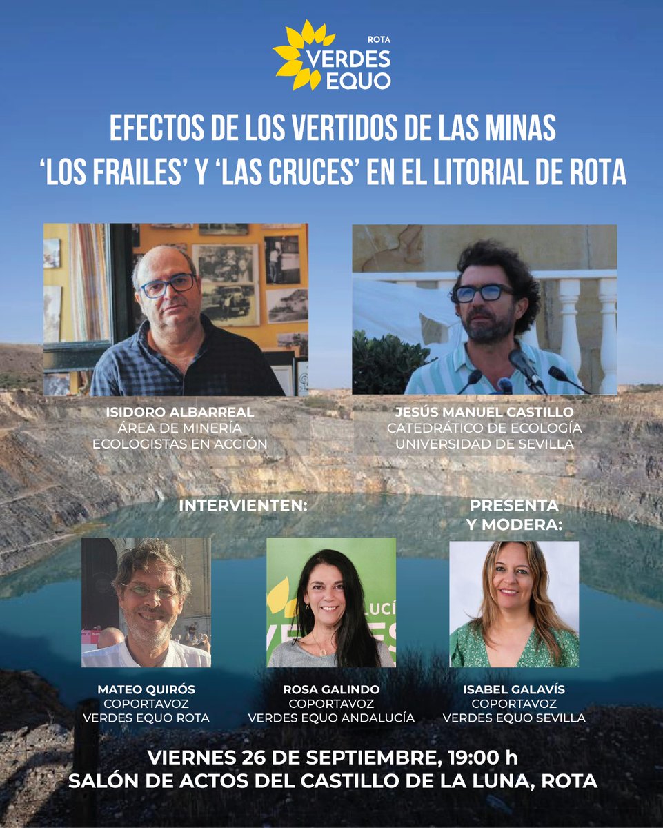 Reabrir Aznalcóllar es abrir la puerta a nuevos vertidos. Que no te vendan "empleo" a cambio de un riesgo real: vertidos tóxicos que afectan a la pesca, a la agricultura y a nuestra salud.

SI ESTÁS POR CÁDIZ, ACÉRCATE ESTE VIERNES A ESTA INTERESANTE CHARLA INFORMATIVA 👇