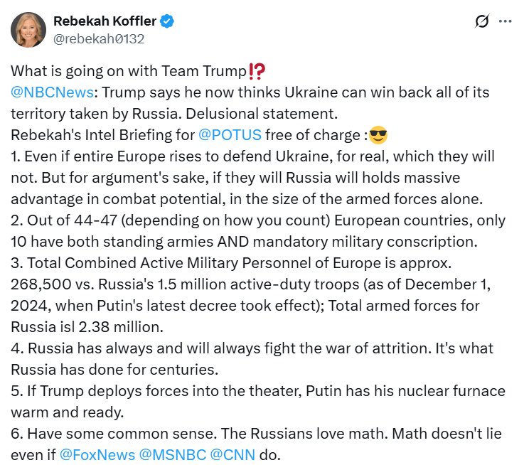 A few days ago, the Daily Telegraph gave this Russian-born analyst a platform. Today, she tells Europe to stand down against the “mighty” Russian threat, including Putin’s “warm and ready nuclear furnace”. Be very careful where you get your news from people, we are at war.