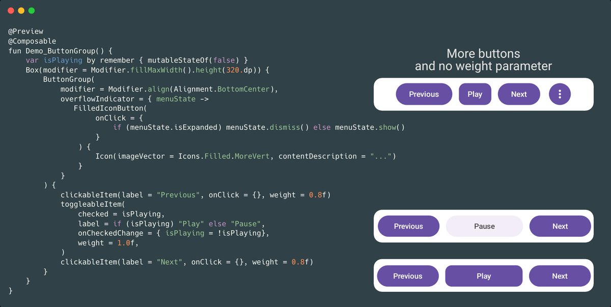 Alex_Zhukovich's tweet image. The ButtonGroup component from Material 3 Expressive replaces the SegmentedButtons component. It supports more shapes and includes overflow buttons for additional components that can&apos;t fit on the screen.

#JetpackCompose