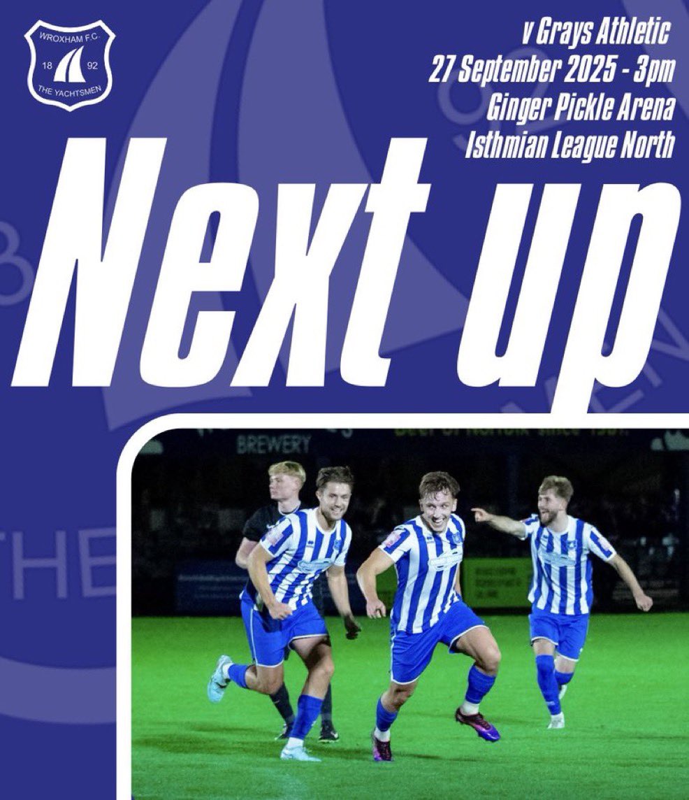 ⚽️ NEXT UP! ⚽️

🆚 <a href="/GraysAthleticFC/">Grays Athletic Football Club</a> 
🏆 <a href="/IsthmianLeague/">The Pitching In Isthmian League</a>
🗓️ Saturday 27th Sept
⏰ 3pm
🏟️ <a href="/Ginger_Pickle_/">Ginger Pickle</a> Arena

🎟️Adults £10
Concs. £8
16-18 £3
Children free with paying adult

💳 💷 Card/cash accepted
🍻🍔 ☕️ Bar, hot/cold food
📘 Programme £2
