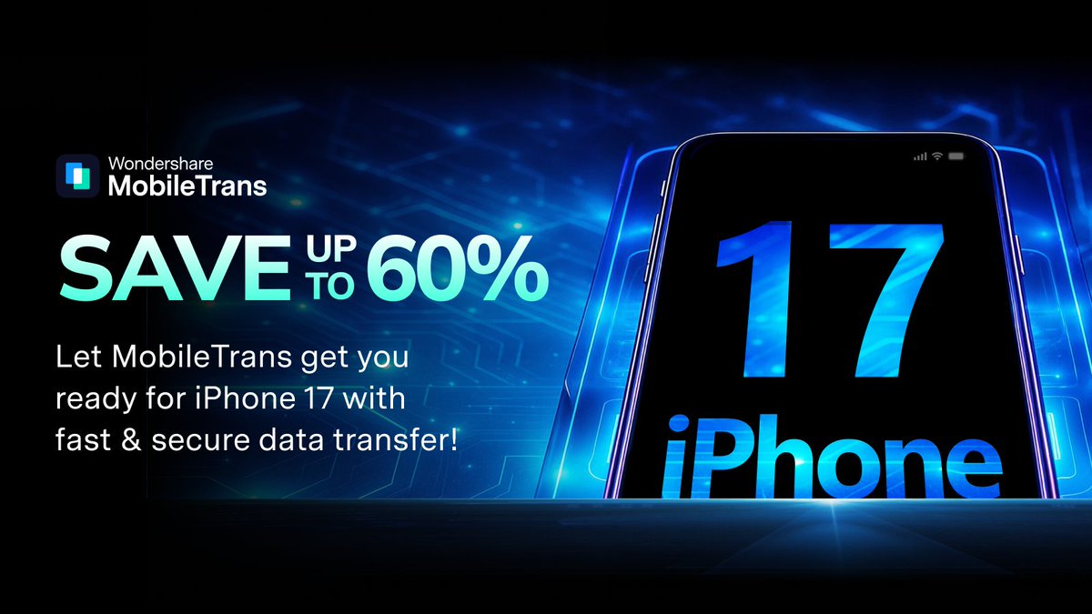 WS_MobileTrans's tweet image. Faster Switch to iPhone 17 With MobileTrans🙌
Thinking of upgrading to the new iPhone 17? MobileTrans helps you transfer all your essential data—from photos and contacts to messages and apps—to your new device without a hitch.
Get up to 60% discount now: event.wondershare.com/api/s/35U