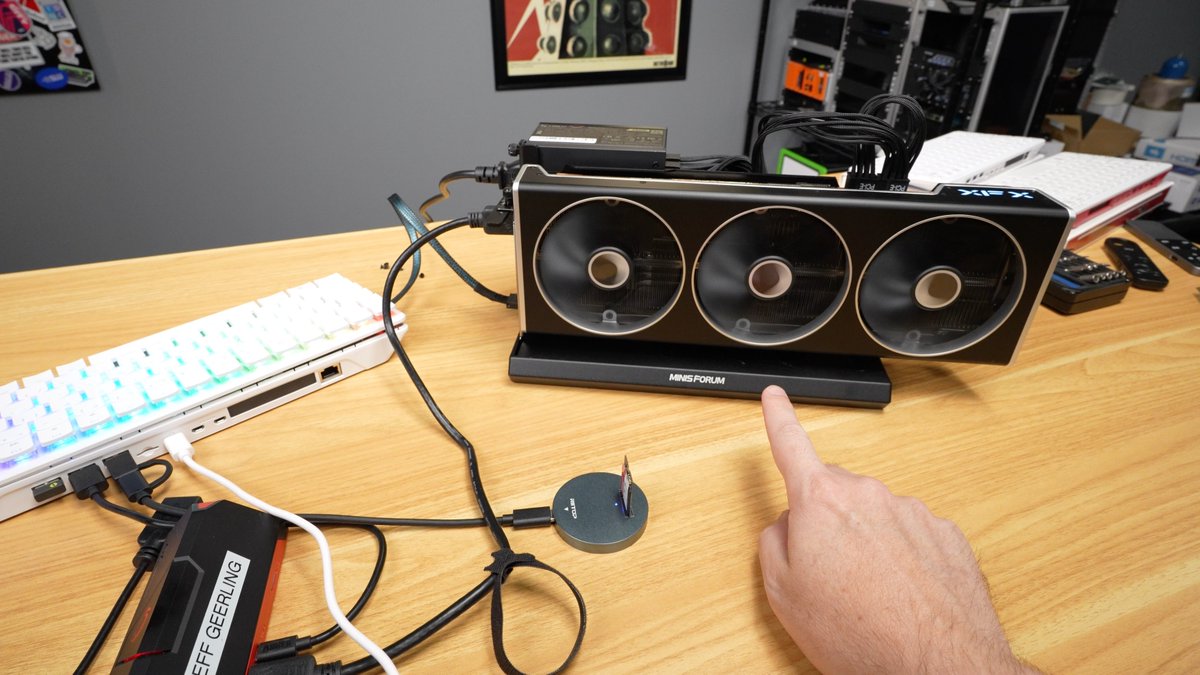 geerlingguy's tweet image. First thing I did was yank the SSD out and replace it with an M.2 to OCuLink adapter, so I could game and local-LLM on the thing, using an AMD RX 7900 XT with 20 GB of GDDR6 VRAM.