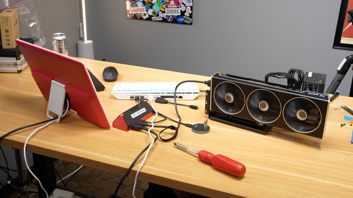 geerlingguy's tweet image. First thing I did was yank the SSD out and replace it with an M.2 to OCuLink adapter, so I could game and local-LLM on the thing, using an AMD RX 7900 XT with 20 GB of GDDR6 VRAM.