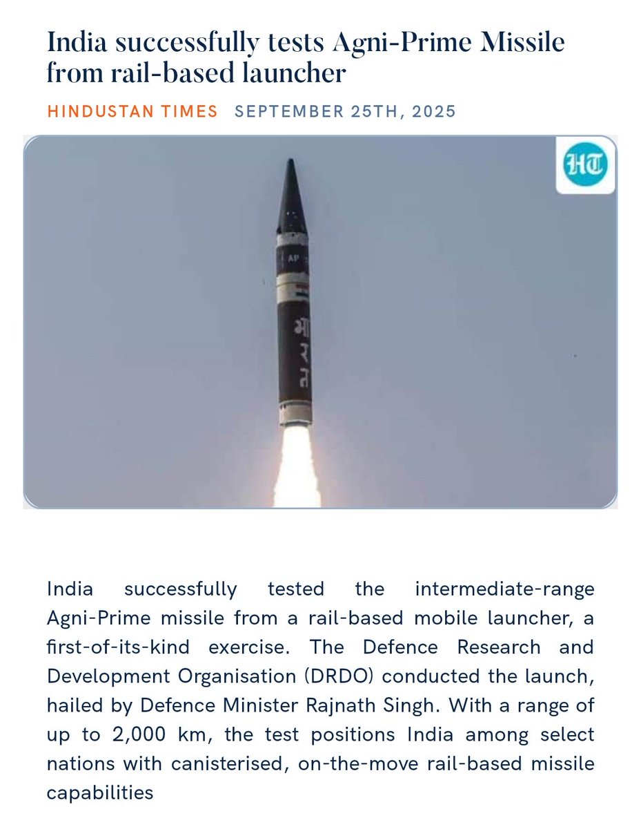 PMOIndia's tweet image. India successfully tests Agni-Prime Missile from rail-based launcher
hindustantimes.com/india-news/ind… 

via NaMo App