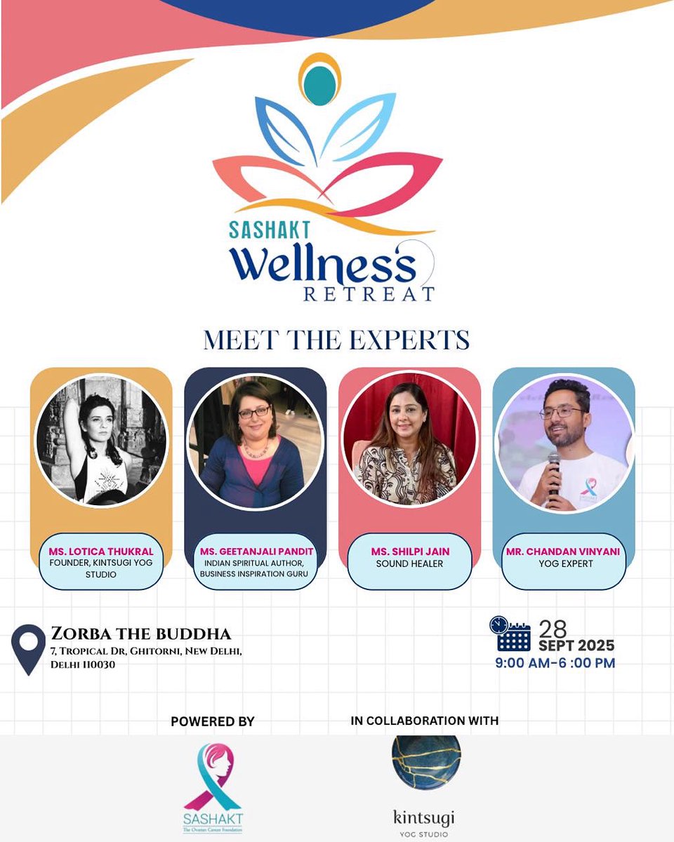 🌿✨ Sashakt Wellness Retreat 2025 ✨🌿
28 Sept | Zorba The Buddha, Delhi
Healing &amp; wellness with:
🧘‍♀️ Lotica Thukral | Yoga
📚 Geetanjali Pandit | Author
🎶 Shilpi Jain | Sound Healing
🕉 Chandan Vinyani | Yoga
💜 Guided by Ms. Megha Ahuja