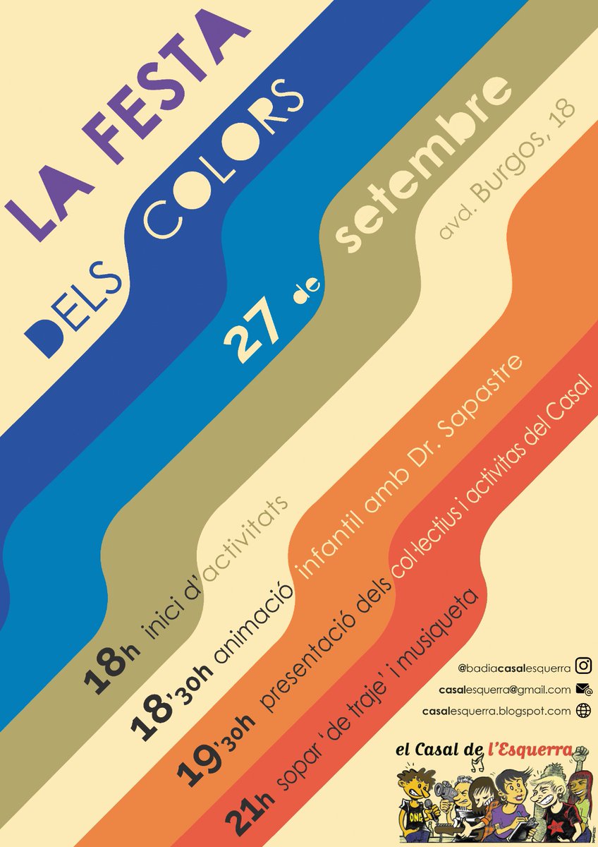Dissabte les 18H ens veiem al Casal de l'Esquerra per celebrar La Festa dels Colors. Una jornada per conèixer els projectes i les activitats que acull el Casal. Amb l'animació del <a href="/doctorsapastre/">Doctor Sapastre</a> per als més petits i  Sopar de traje entre tots I totes. Us esperem!#Badia #fempoble
