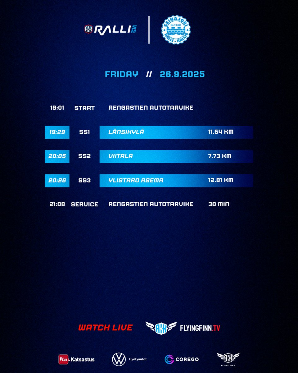 Kauden viimeinen osakilpailu starttaa tänään illalla Seinäjoella!

🛑 FlyingFinn.tv:ssä klo 18:55 alkaen
⏱ Tulokset ja seurannat osoitteessa rallism.fi
🎙 <a href="/Tlonnroos/">Toni Lönnroos</a> &amp; <a href="/Pynski/">Ville Pynnönen</a> 
🎤 Markus Silfvast, <a href="/timokorkalainen/">Timo Korkalainen</a> &amp; <a href="/OKeronen/">Onni Keronen</a> 

#rallism #seinäjokiralli