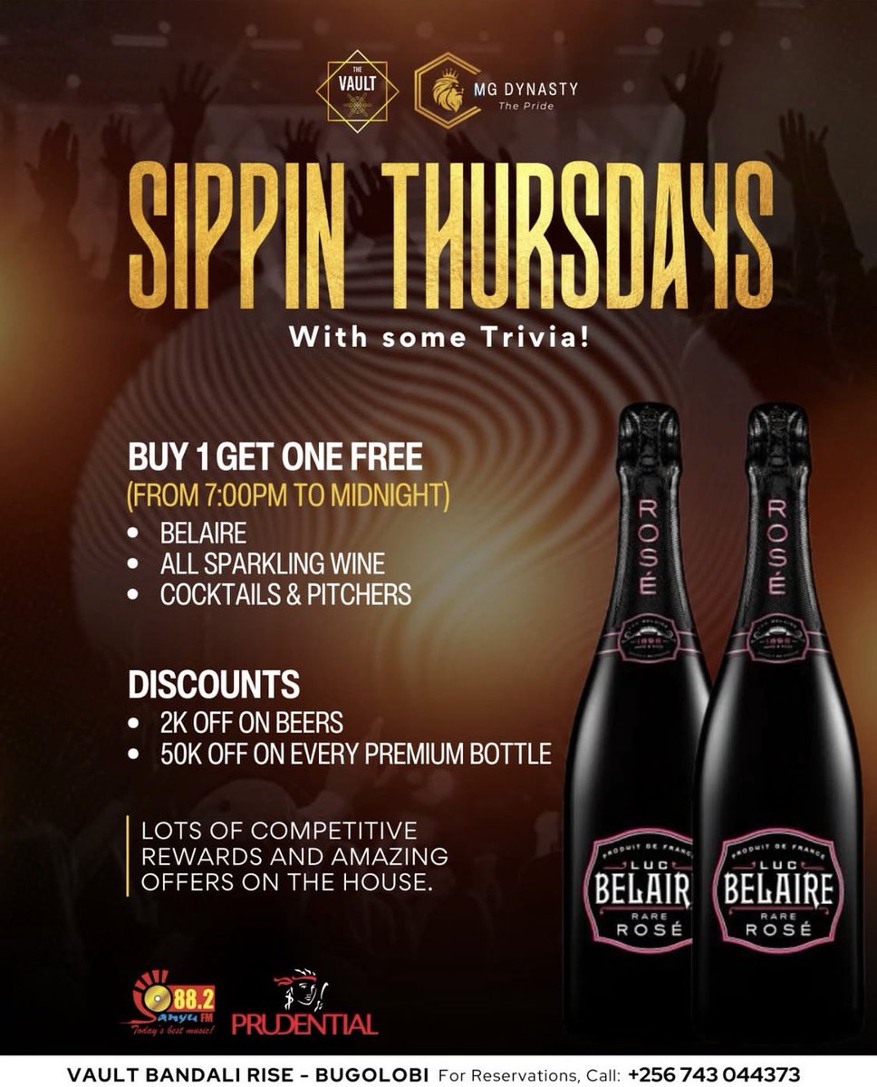 Join <a href="/kanyindo/">Siima Kyakuhaire</a> and Sandra Teta tonight at 8 PM for an electrifying  Edition of Quizzin’ &amp; Sippin’ at <a href="/VaultUg/">VAULT UG</a>! Get ready for a fun filled evening with amazing prizes up for grabs!

—<a href="/882SanyuFM/">88.2 Sanyu FM</a>, <a href="/MGDynasty256/">MG Dynasty</a>, <a href="/PrudentialUG/">Prudential Uganda</a>.