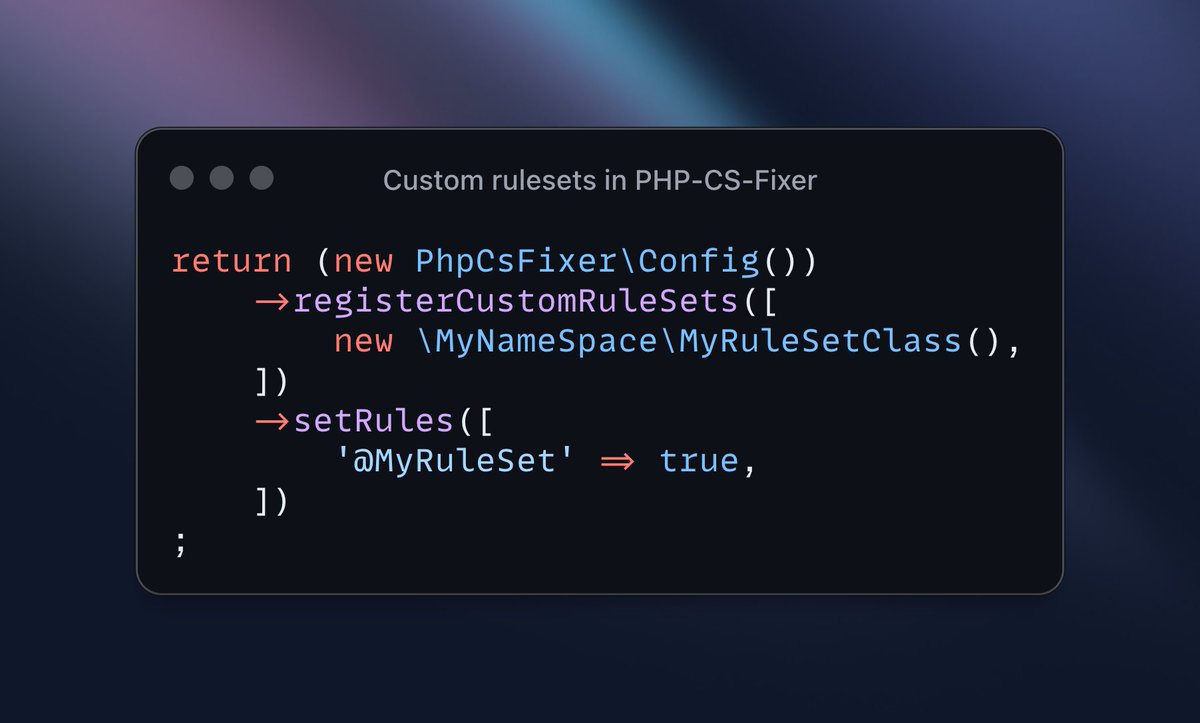 Greg Korba ๐ ๏ธ๐น Codito (@_codito_) on Twitter photo With support for custom rulesets you can now prepare your own Composer package that:
- requires <a href="/PHPCSFixer/">PHP-CS-Fixer</a>
- defines your rules as a ruleset
Then in your projects you can require that package and have super-small config file that registers your ruleset and uses it ๐. With support for custom rulesets you can now prepare your own Composer package that:
- requires <a href="/PHPCSFixer/">PHP-CS-Fixer</a>
- defines your rules as a ruleset
Then in your projects you can require that package and have super-small config file that registers your ruleset and uses it ๐.
