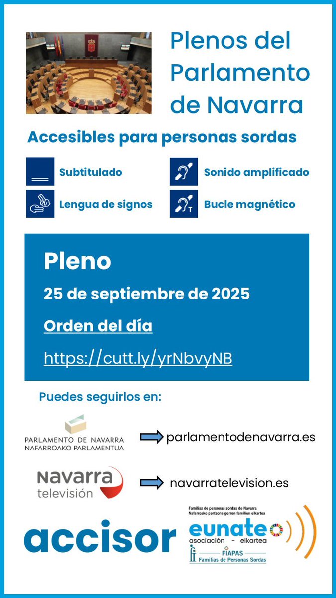 Pleno del <a href="/parlamentoNA/">Parlamento de Navarra / Nafarroako Parlamentua</a> accesible para personas sordas. A partir de las 9:30 puedes seguirlo en la web del Parlamento parlamentodenavarra.es o en <a href="/NavarraTV/">Navarra Televisión</a> 

Orden del día➡️ cutt.ly/yrNbvyNB

#accesibilidad
#subtitulado 
#interpretesls
#buclemagnetico
#hablamosdederechos