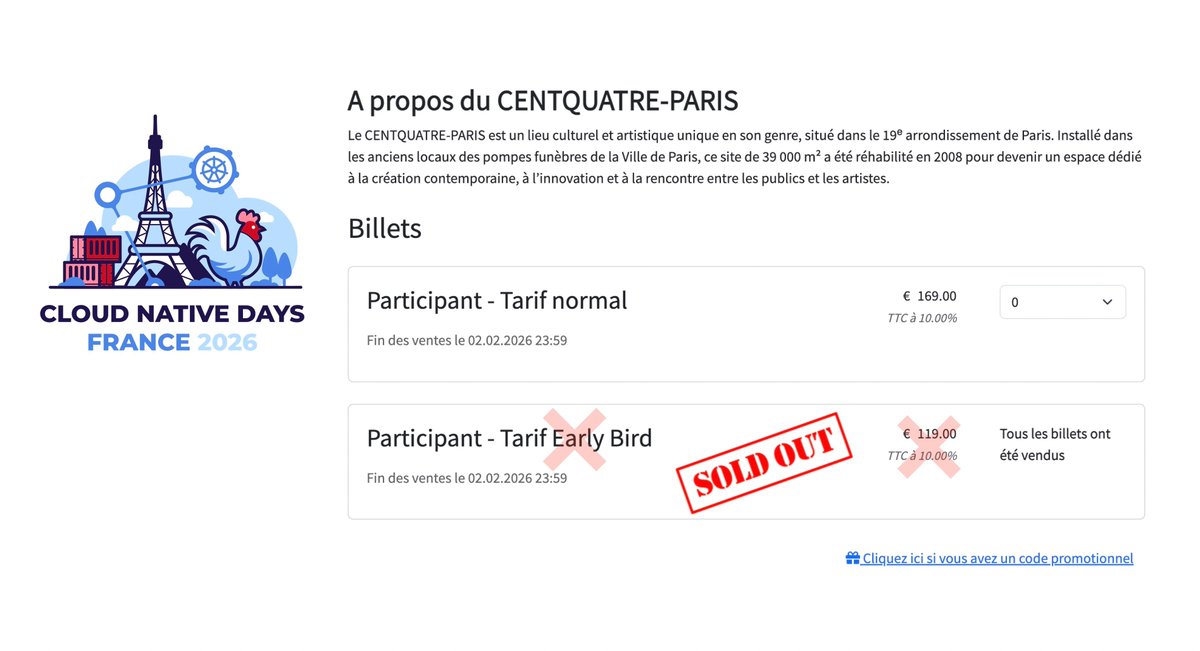 CNDFrance's tweet image. #CloudNativeDaysFR 💨 𝗟𝗲𝘀 𝗯𝗶𝗹𝗹𝗲𝘁𝘀 𝘀’𝗮𝗿𝗿𝗮𝗰𝗵𝗲𝗻𝘁 𝗰𝗼𝗺𝗺𝗲 𝗱𝗲𝘀 𝗽𝗲𝘁𝗶𝘁𝘀 🥖 !

𝟴 𝗷𝗼𝘂𝗿𝘀 𝗮𝗽𝗿𝗲̀𝘀 𝗹’𝗼𝘂𝘃𝗲𝗿𝘁𝘂𝗿𝗲 𝗱𝗲 𝗹𝗮 𝗯𝗶𝗹𝗹𝗲𝘁𝘁𝗲𝗿𝗶𝗲, les 𝗘𝗮𝗿𝗹𝘆 𝗕𝗶𝗿𝗱 sont déjà 𝘀𝗼𝗹𝗱 𝗼𝘂𝘁 ! 🎉

#CloudNative #CNCF #TechEvents