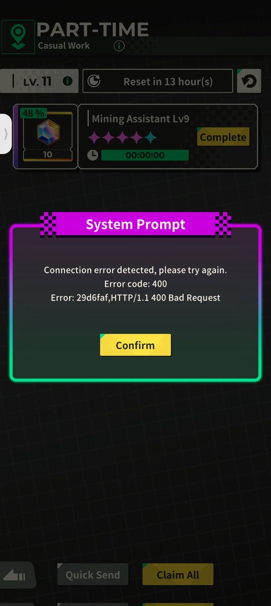 dorkiesork's tweet photo. @XXLWOOFIA Hello, Can I report a bug where I can't seem to claim my job reward QwQ https://t.co/PtafQj5aqE
