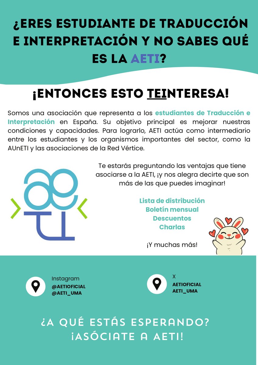 Inscripciones a partir del 26 de septiembre.
Para consultas escribir a vocalia.aeti.uma@gmail.com  
Web: asociacionaeti.com