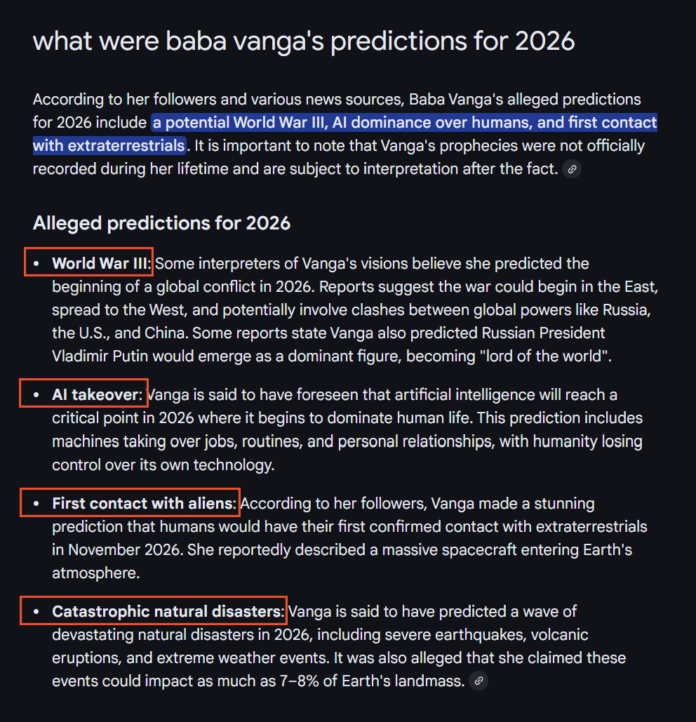 bhavishyamalika's tweet image. Baba Vanga prophecies for 2025! Guess what? Nearly all of them are fulfilled!

And what about coming years? Well, it matches pretty well with Bhavishya Malika too! 

However, after establishment of Satyug i.e. after 2032 her prophecies go haywire and don&apos;t match with Bhavishya…