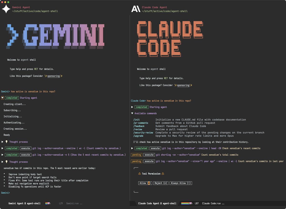 xenodium's tweet image. Introducing agent-shell.
A single consistent experience, powered by the agent of your choice.
xenodium.com/introducing-ag…
#emacs #claude #anthropic #ai #google #gemini #linux #github #macos #oss #foss