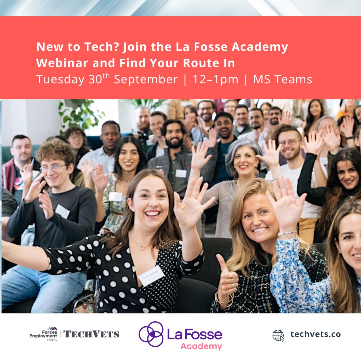 tech_vets's tweet image. The La Fosse Academy Webinar is happening this Tuesday — and if you’re exploring a career in tech, this session is for you.
📅 Tuesday 30th September
🕛 12:00–13:00
👥 Open to service leavers, veterans, spouses/partners & young people
🎯 Register now: loom.ly/jM2bN2o