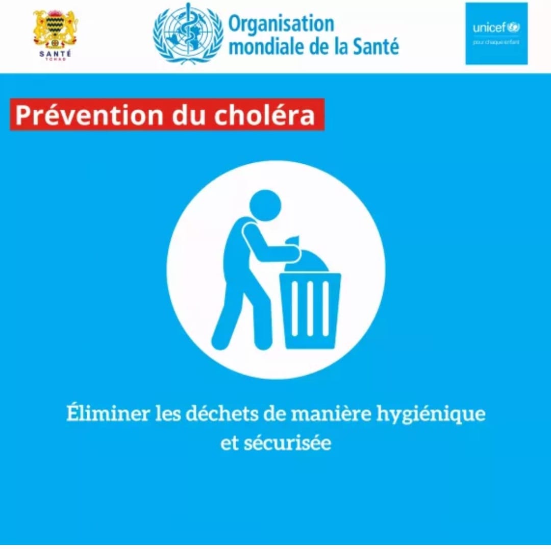 OmsTchad's tweet image. Prévenir le #choléra passe par une bonne gestion des déchets :

#Latrines propres &amp;amp; adaptées
Pas de #défécation à l’air libre
Désinfection régulière
Élimination sûre des excreta des cas de choléra
Protection des sources d’eau potable

Des gestes simples sauvent des vies.
#Choléra