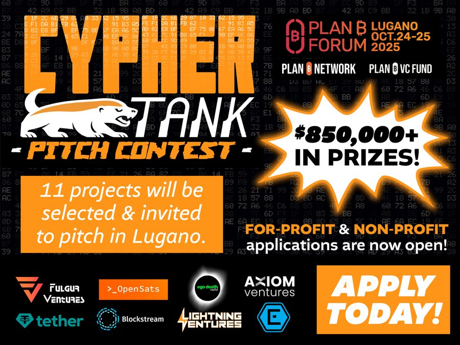Introducing Cypher Tank 🎬

Where Bitcoin builders pitch real BTC ideas in front of top investors during the Plan ₿ Week &amp; <a href="/LuganoPlanB/">Lugano Plan ₿</a> Forum!

⚡️ More than $850,000 in prizes!

This is the ultimate opportunity for any Bitcoin founder!
Learn more👇