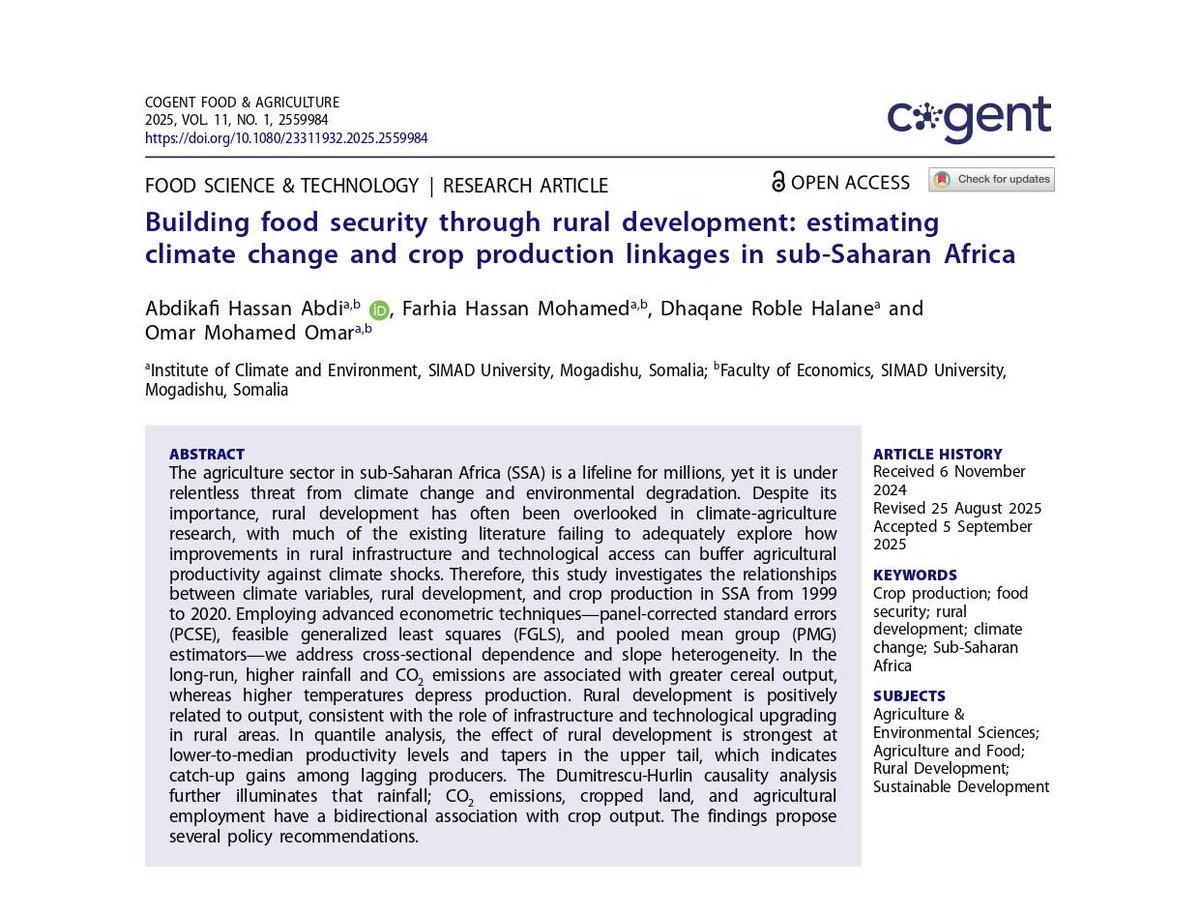 FarhiaDiinii's tweet image. Thrilled to announce a new academic milestone
Our article is published in Cogent Food & Agriculture, contributing to the scholarly dialogue on rural development, climate change & food security.
shorturl.at/f0zT5
#Research #DevelopmentEconomics #FoodSecurity