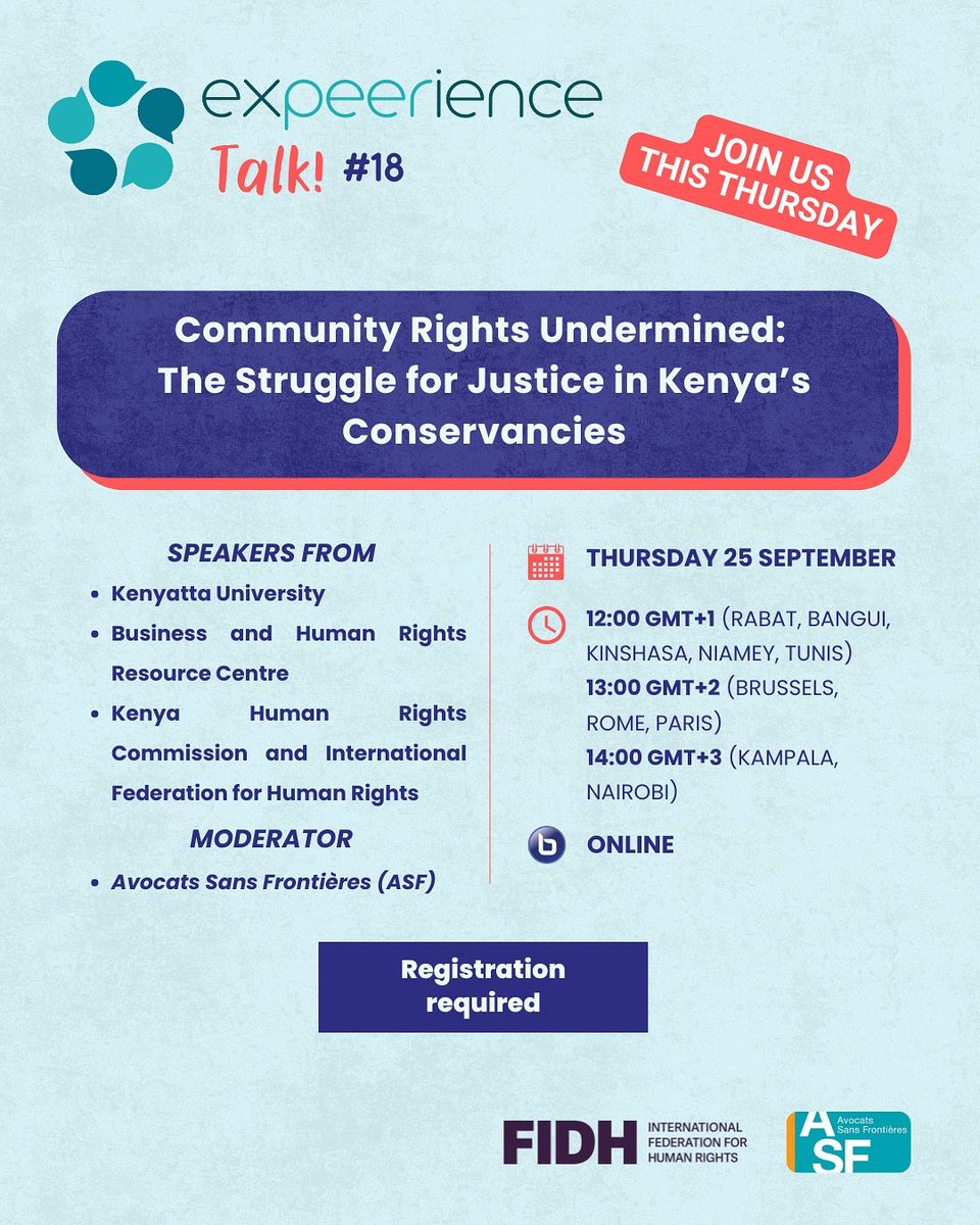 Business, Human Rights & Environment @ FIDH (@bhr_fidh) on Twitter photo HAPPENING TODAY!
Join us & <a href="/ASF_NGO/">Avocats Sans Frontières</a> for a conversation on how community rights can be effectively protected in the context of conservation in Kenya!
🗣️Experts from <a href="/BHRRC/">Business & Human Rights</a>, <a href="/thekhrc/">KHRC</a> & <a href="/KenyattaUni/">Kenyatta University #ExperienceKU</a>
🔗 Register: online.forms.app/avocatssansfro… HAPPENING TODAY!
Join us & <a href="/ASF_NGO/">Avocats Sans Frontières</a> for a conversation on how community rights can be effectively protected in the context of conservation in Kenya!
🗣️Experts from <a href="/BHRRC/">Business & Human Rights</a>, <a href="/thekhrc/">KHRC</a> & <a href="/KenyattaUni/">Kenyatta University #ExperienceKU</a>
🔗 Register: online.forms.app/avocatssansfro…