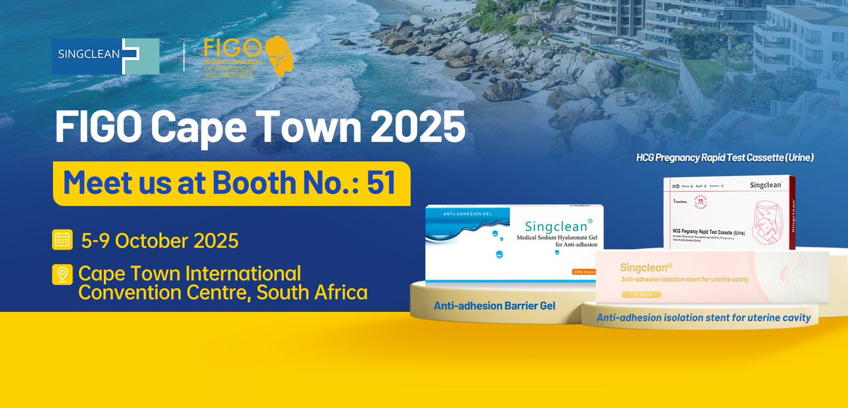 singclean's tweet image. Meet Singclean at FIGO Cape Town 2025! 🌍✨
📅 Oct 5–9 | 📍 Booth 51, CTICC, South Africa
Explore our women’s health solutions: Anti-adhesion Gel, Uterine Stent &amp;amp; HCG Test.
#FIGO2025 #Singclean #WomensHealth #Gynecology #Innovation