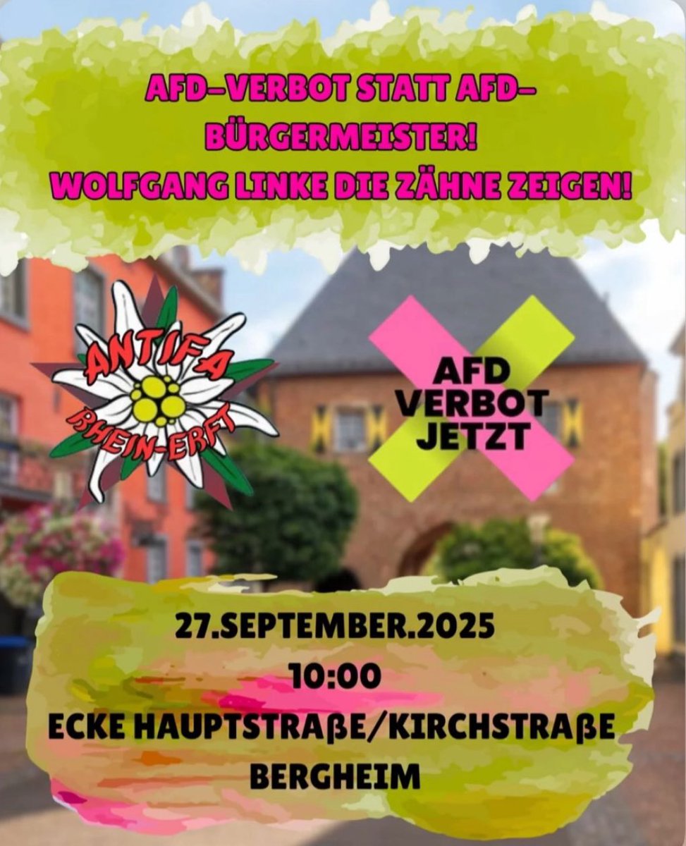 Bergheim gehört zu den traurigen Kommunen, in der es ein AfD'ler in die Stichwahl geschafft hat. Antifa Rhein-Erft und AfDVerbotjetzt rufen zu lautem Protest gegen den rechten Wahlkampfabschluss auf.
Bergheim, Hauptstr./Ecke Kirchstr.
27. September, 10 Uhr
#BM2709