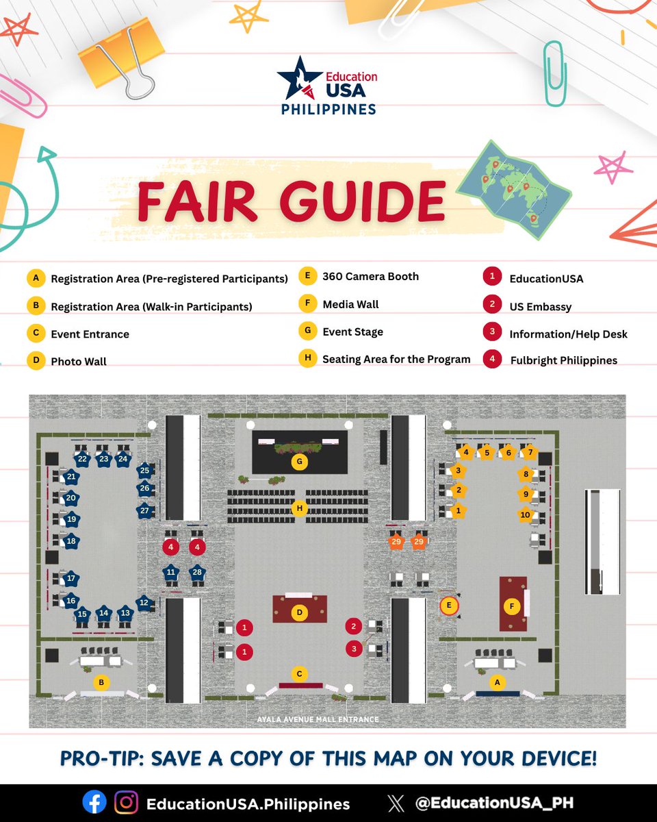 USEmbassyPH's tweet image. 🎓🇺🇸 3 DAYS TO GO! See you at the EducationUSA University Fair 2025 on Sunday, September 28, from 2:00 to 5:00 PM at One Ayala, Makati City. Take note of the map below to plan your route and maximize your Fair experience. #StudyWithUS

📲 Register now: educationusa.ph/Fair2025