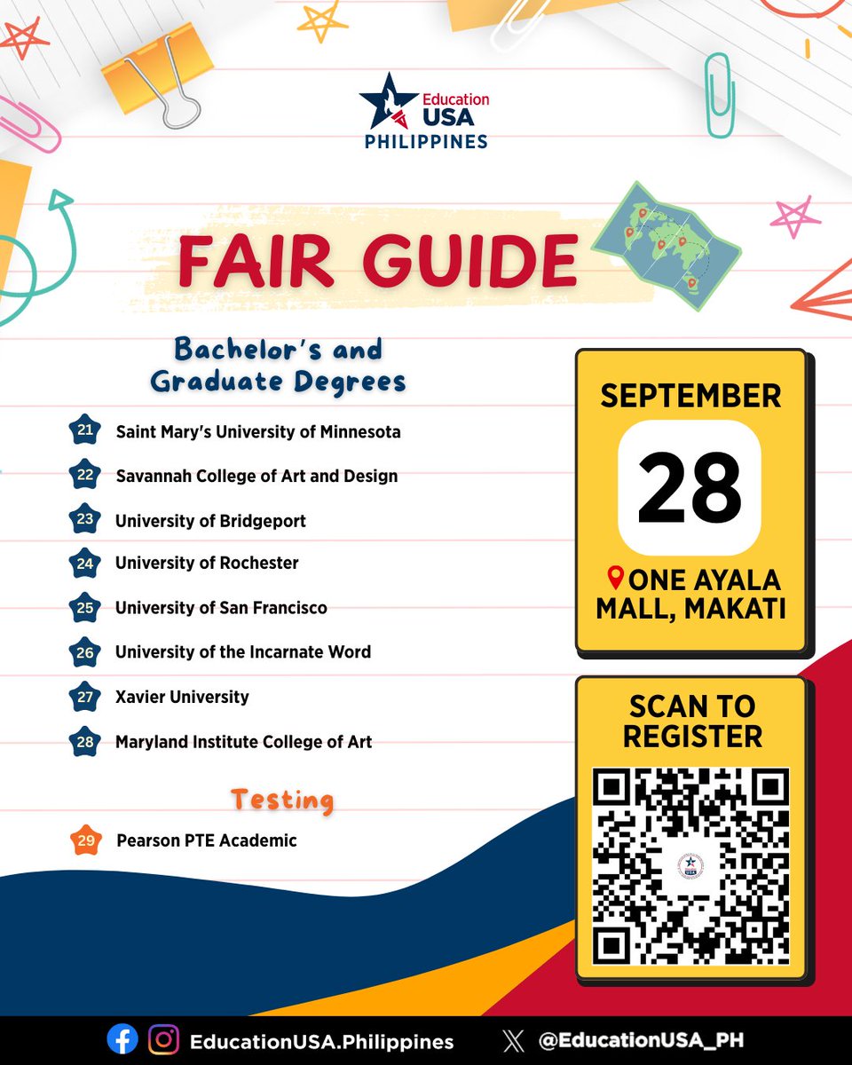 USEmbassyPH's tweet image. 🎓🇺🇸 3 DAYS TO GO! See you at the EducationUSA University Fair 2025 on Sunday, September 28, from 2:00 to 5:00 PM at One Ayala, Makati City. Take note of the map below to plan your route and maximize your Fair experience. #StudyWithUS

📲 Register now: educationusa.ph/Fair2025