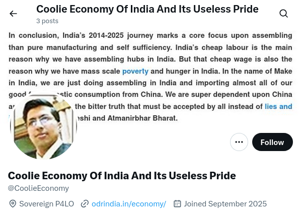 TheInvinciblePD's tweet photo. Indian Economy: India is a #CoolieEconomy where bonded labourers assemble kits in the name of manufacturing https://t.co/sb8fIRaUR0. 81 crore begging Indians strengthen this workforce. Trump Modi GDP Of India #IndianEconomy @BloodEconomy @GDPOfIndia @CoolieEconomy @EconomyLocha https://t.co/TlzAFEJfhF