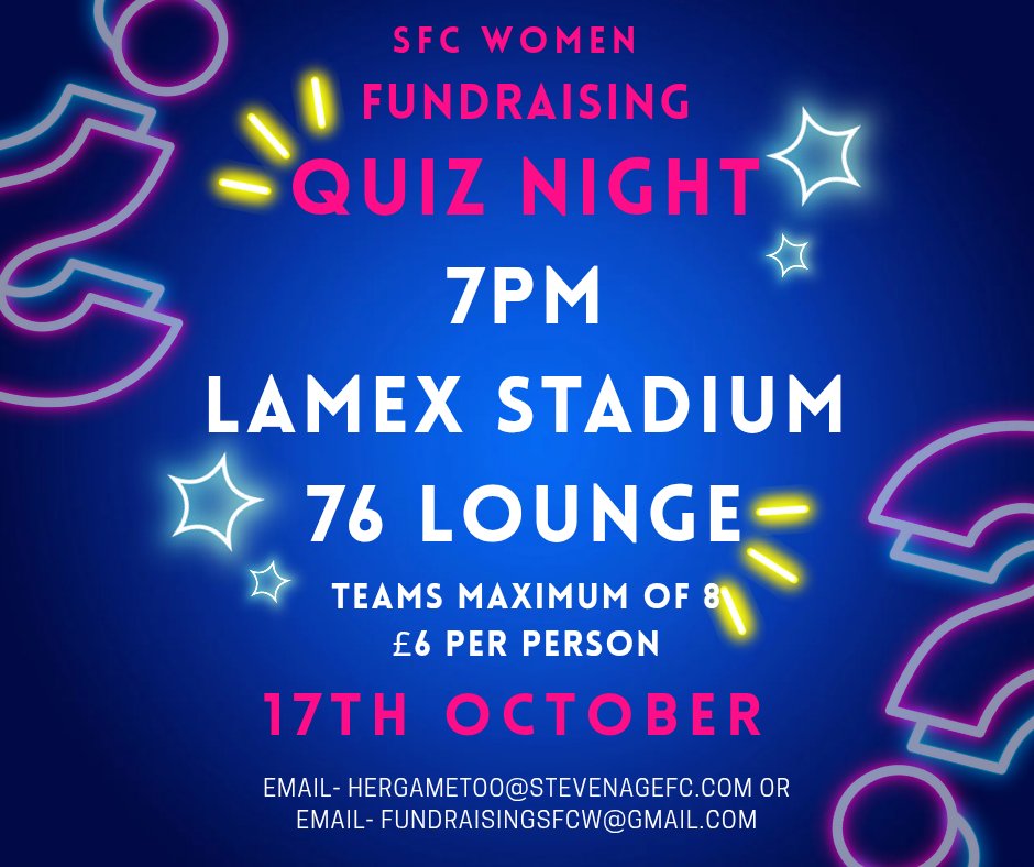 SFCW Fundraising (@sfcwfundraisers) on Twitter photo Please come and support our fundraising efforts for our brilliant <a href="/StevenageFCW/">Stevenage FC Women</a> team.
Email to book your team in.
Please share... Please come and support our fundraising efforts for our brilliant <a href="/StevenageFCW/">Stevenage FC Women</a> team.
Email to book your team in.
Please share...