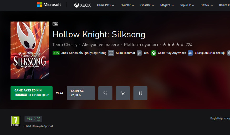 Hollow Knight: Silksong, Microsoft mağazasında tekrar hatalı fiyatlandırma ile listelendi. Oyunu şu anda 22.50 TL'ye satın alabiliyorsunuz.