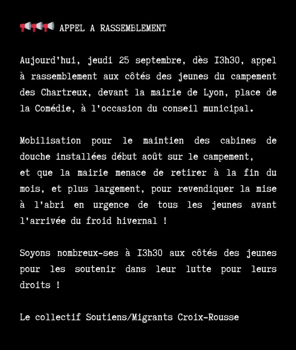 🆘 Touche pas à ma douche 🚿 

Rassemblement jeu 25/9 à 13h30 place de la comédie #Lyon devant l’hôtel de Ville à l’occasion du conseil municipal ! 

La <a href="/villedelyon/">Ville de Lyon</a> est pourtant signataire de la déclaration des droits des personnes sans abri depuis le 12 octobre 2021 !