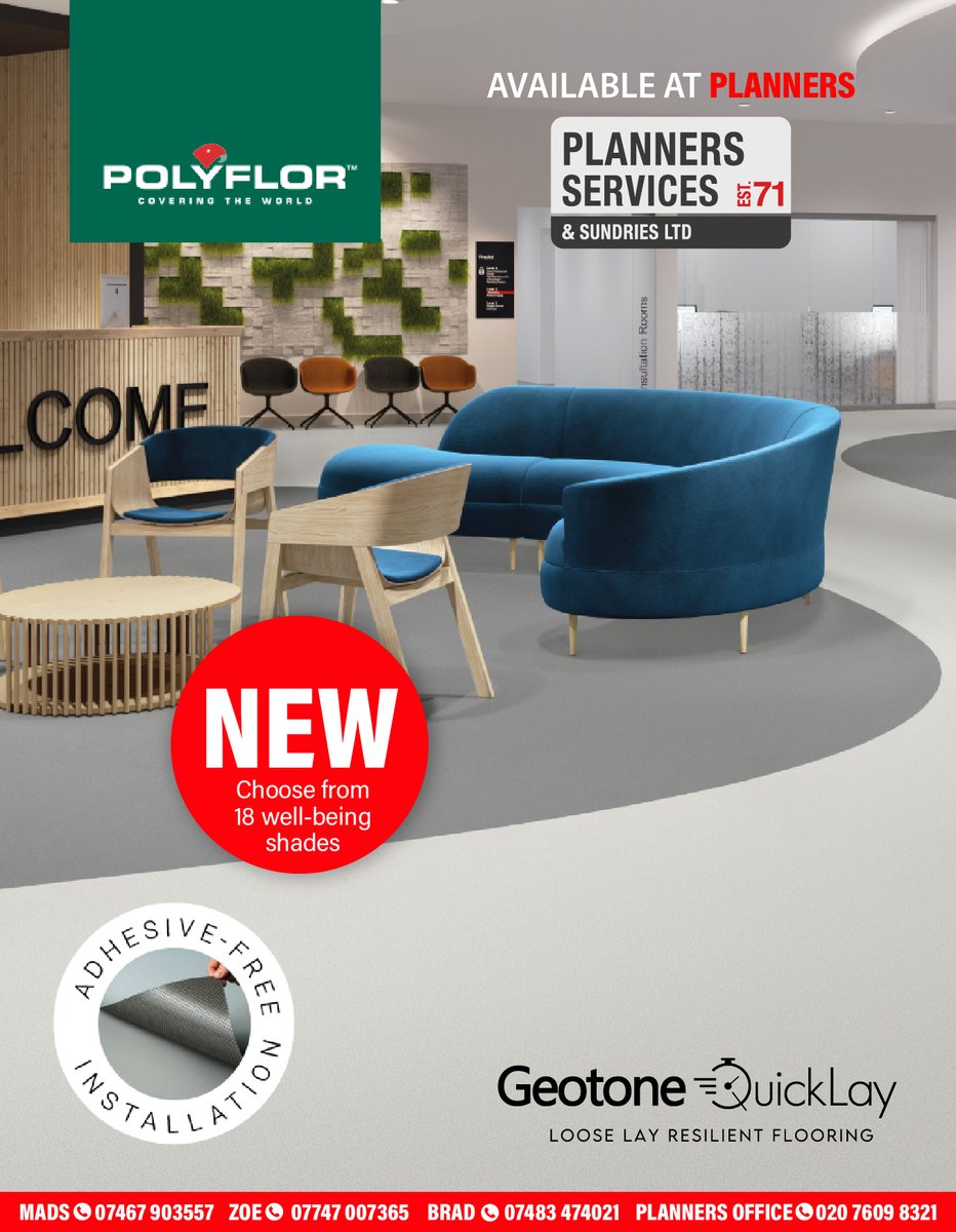 pss_flooring's tweet image. 📢 Now Available at @pss_flooring

THE NEW #GEOTONE QuickLay PUR, the latest addition to @Polyflorltd innovative loose lay flooring family.

Call #TeamPlanners:
☎️ 020 7609 8321
👉 Choose from 18 well-being shades:
polyflor.com/products/new-g…
#Planners #Polyflor #GeotoneQuicklay