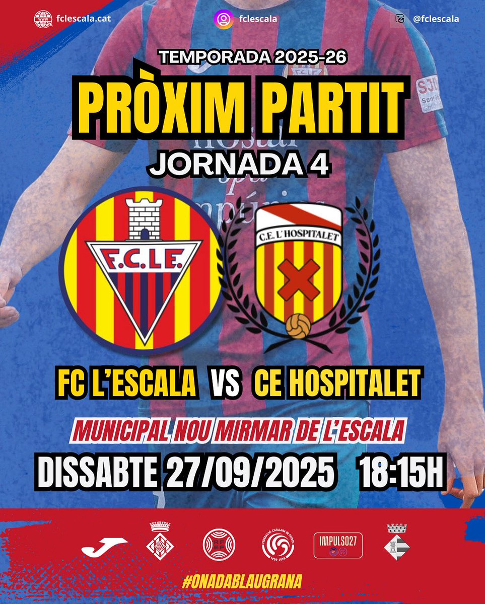FCLESCALA's tweet photo. 𝐏𝐑Ò𝐗𝐈𝐌 𝐏𝐀𝐑𝐓𝐈𝐓

🗓 ᴅɪꜱꜱᴀʙᴛᴇ 𝟤𝟩/𝟢𝟫
⚽️ ᴊᴏʀɴᴀᴅᴀ 𝟦
🕖 𝟣𝟪:𝟣𝟧ʜ
🆚 @CELHospitalet 
🏟️ ᴍᴜɴɪᴄɪᴘᴀʟ ɴᴏᴜ ᴍɪʀᴀᴍᴀʀ
📺 @laxarxa @laxarxames 

#lescalahospi #tercerafederació #fclescala #onadablaugrana https://t.co/DCiJMotGn6