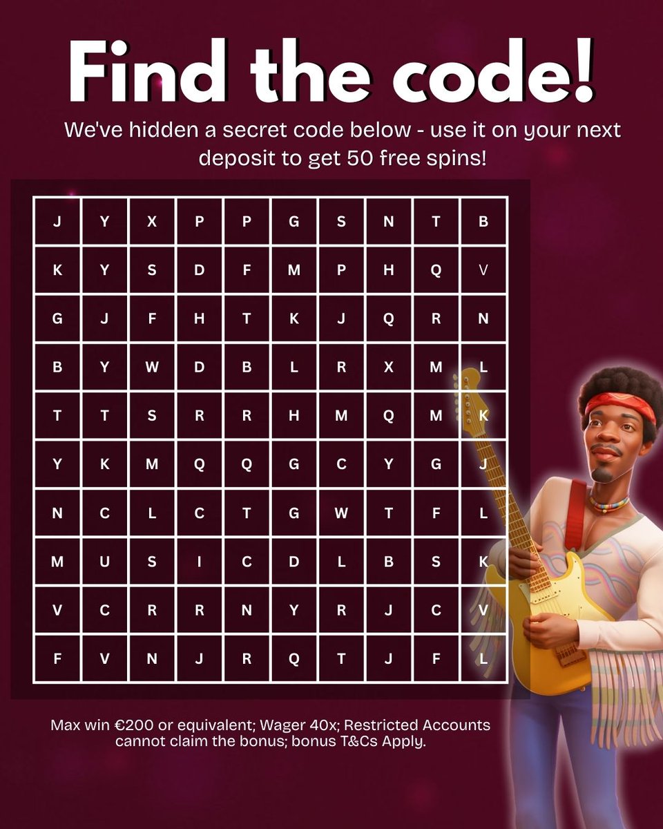 RubyReelsCasino's tweet image. 🎸 Find the code = win the spins! 🎰
Spot the hidden word in the puzzle &amp;amp; use it on your next deposit to unlock 50 FREE spins 💫

Can you crack it? 👀
#FindTheCode #FreeSpins #CasinoBonus