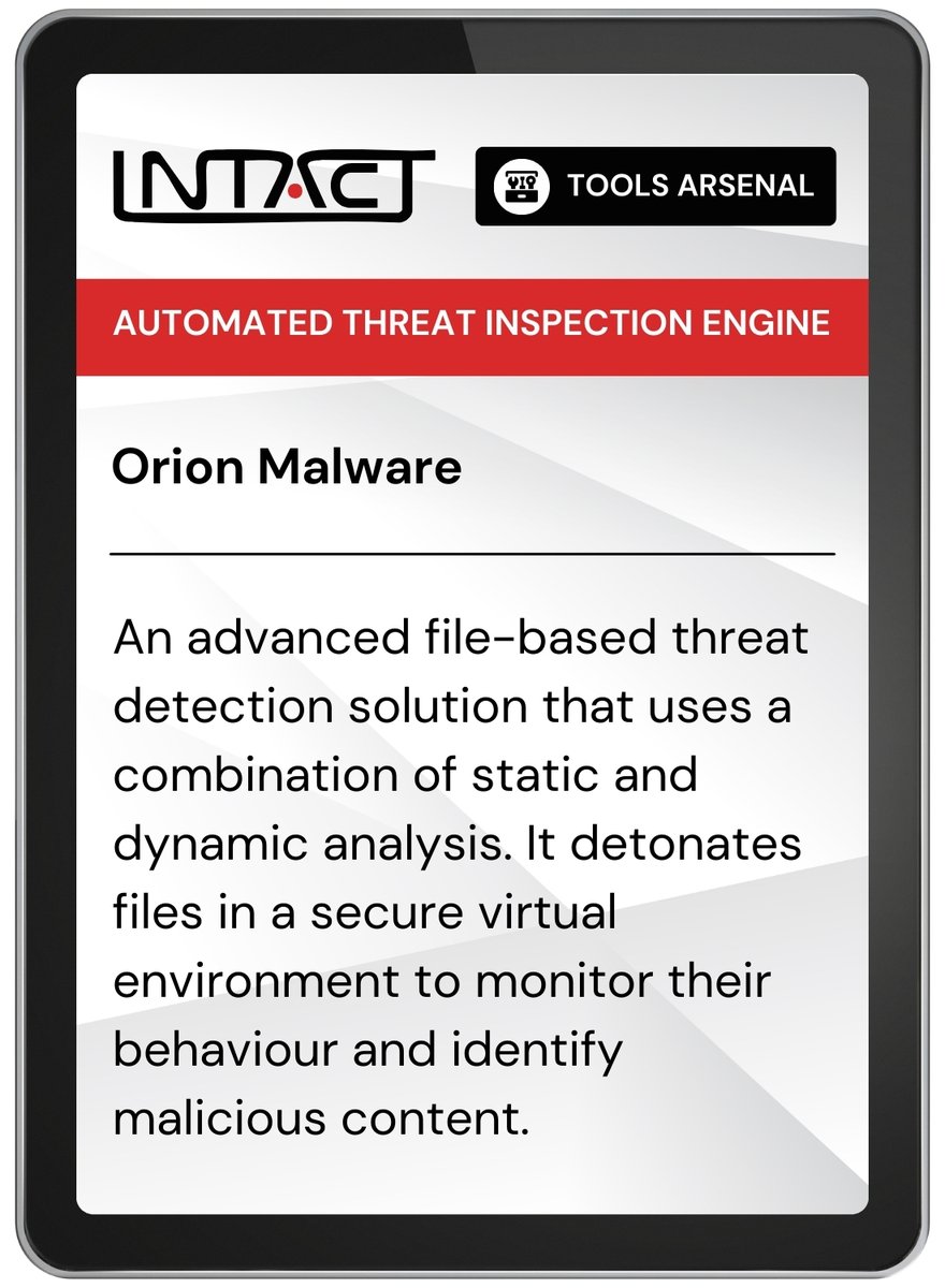 Project_INTACT's tweet image. 🧰 INTACT Tools Arsenal - Automated Threat Inspection Engine - Orion Malware

This tool detects file-based attacks using static and dynamic analysis to keep @Project_INTACT&apos;s systems secure. Used across all PUCs.

@AirbusCyber: intact-horizon.eu/about/ 

cyber.airbus.com/en/products/or…