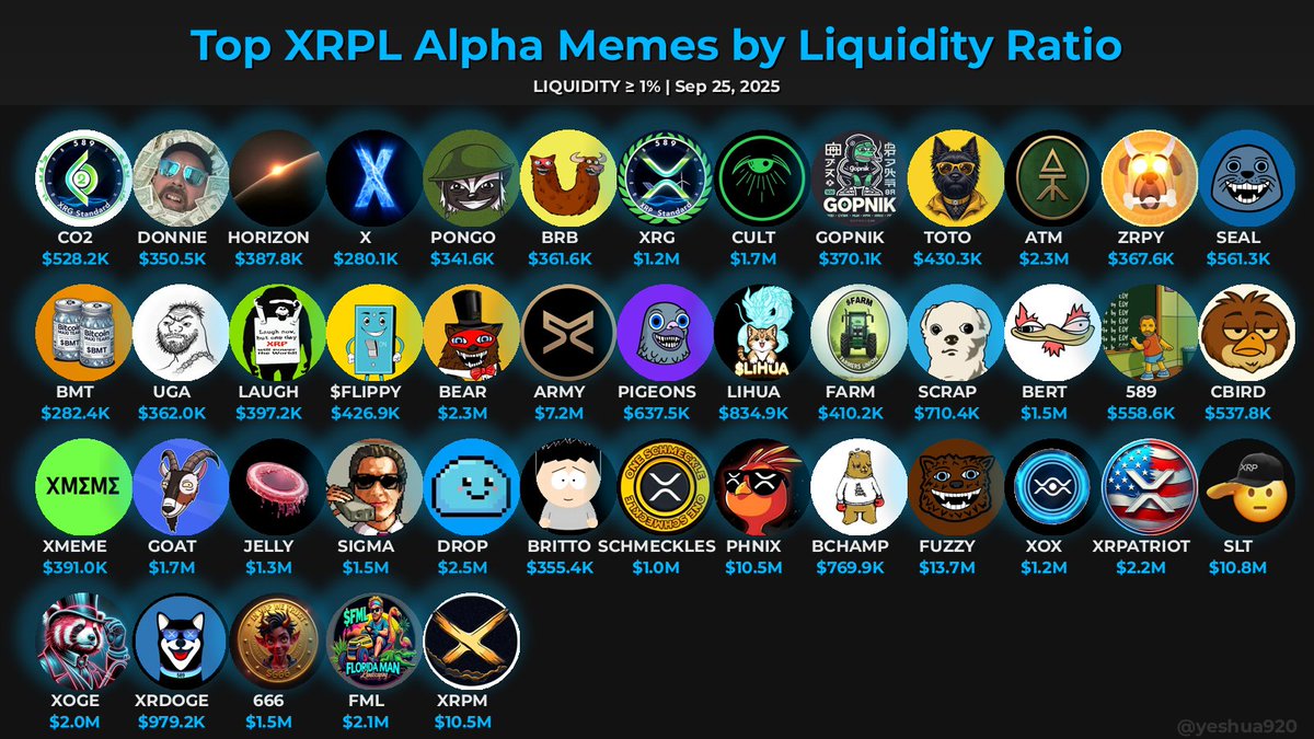 yeshua920's tweet image. 🔥 Top #XRPL Alpha Memes 🔥
━━━━━━━━━━━━━━━━━━━━
(≥$250K MC, ≥30 days, &amp;gt;= 250 holders)

💧 Ranked by TVL/Market Cap ratio:
- 🚀 5%+: Rare gem 💎 (or inflated LP?)
- 🔥 2-5%: Strong liquidity (trust/high incentives)
- ✅ 1%+: Decent liquidity (low slippage)
-…