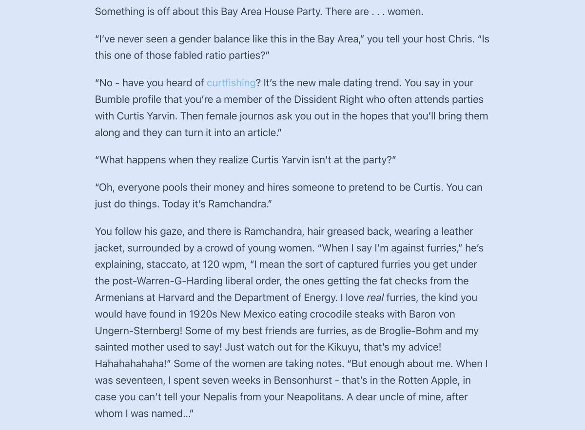 zagrebbi's tweet image. Scott Alexander on Curtis Yarvin parties