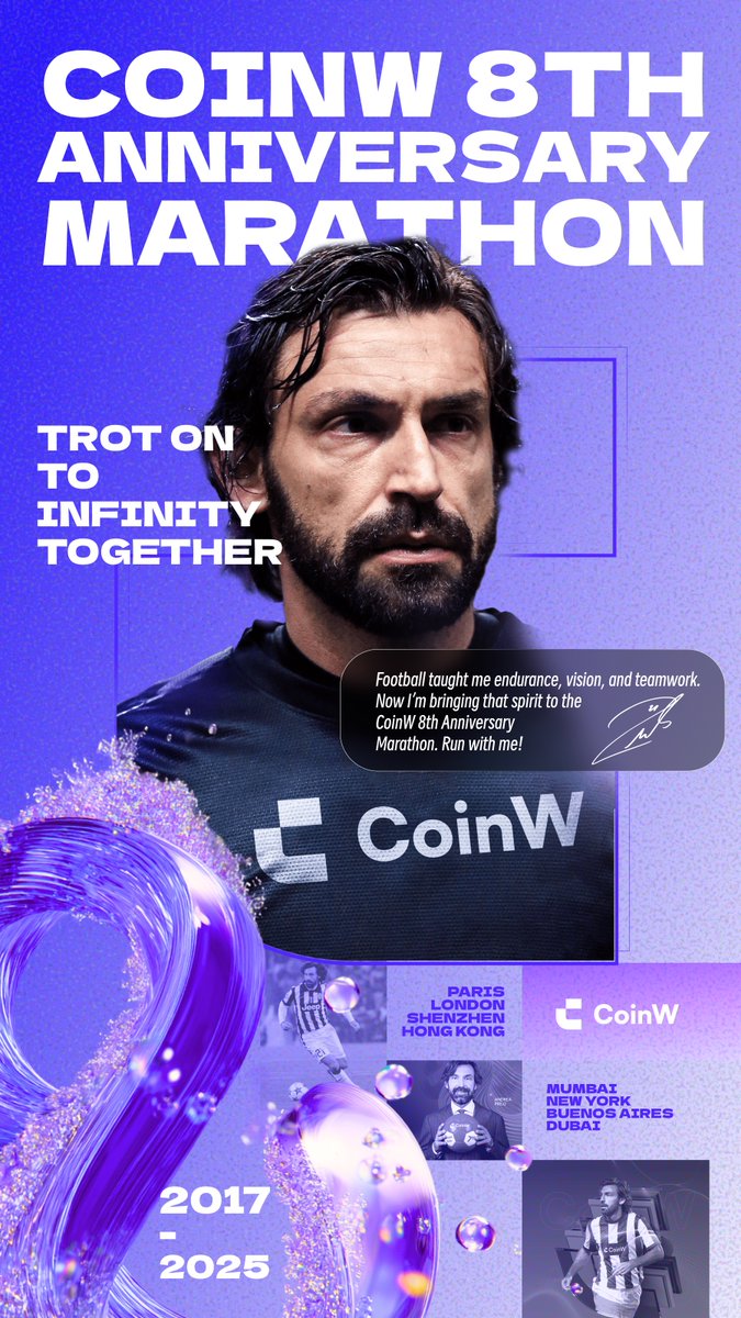 Pirlo_official's tweet image. Football gave me endurance, vision, and teamwork.
Now I bring that spirit to the CoinW 8th Anniversary Marathon.
Let’s celebrate together — and happy 8th birthday, @CoinWOfficial! #adv 🎉⚽️🏃