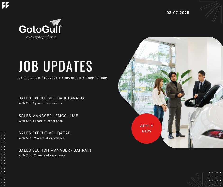 GotoGulf's tweet image. Click on the below link to apply for the job vacancies,
gotogulf.com/PublicSearchVi…
#jobseekers #salesexecutive #Salesmanager #salessectionmanager #Qatar #UAE #saudiarabia #Bahrain #GCC