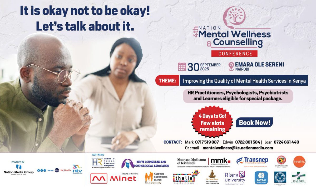 Mental wellness and counseling conference happening on the 30th of September at the emara ole Sereni. Be sure to attend. Book now. Come and meet our psychologists and psychiatrists. 
#Trending #MentalHealth #mentalwellness