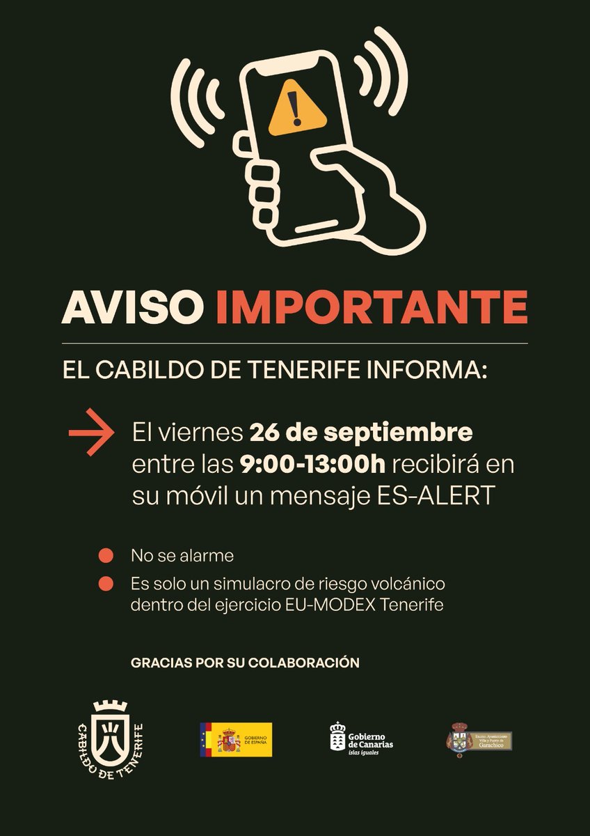 CabildoTenerife's tweet image. ⚠️ #SEGURIDAD 𝗧𝗲𝗻𝗲𝗿𝗶𝗳𝗲 𝗮𝗰𝘁𝗶𝘃𝗮𝗿𝗮́ 𝗺𝗮ñ𝗮𝗻𝗮 𝘃𝗶𝗲𝗿𝗻𝗲𝘀 𝗲𝗹 𝘀𝗶𝘀𝘁𝗲𝗺𝗮 𝗘𝗦-𝗔𝗟𝗘𝗥𝗧 𝘆 𝗹𝗮 𝗽𝗼𝗯𝗹𝗮𝗰𝗶𝗼́𝗻 𝗿𝗲𝗰𝗶𝗯𝗶𝗿𝗮́ 𝘂𝗻 𝗺𝗲𝗻𝘀𝗮𝗷𝗲 𝗱𝗲 𝗮𝘃𝗶𝘀𝗼 𝗲𝗻 𝘀𝘂 𝗺𝗼́𝘃𝗶𝗹 𝗱𝘂𝗿𝗮𝗻𝘁𝗲 𝗲𝗹 𝘀𝗶𝗺𝘂𝗹𝗮𝗰𝗿𝗼 𝘃𝗼𝗹𝗰𝗮́𝗻𝗶𝗰𝗼.…