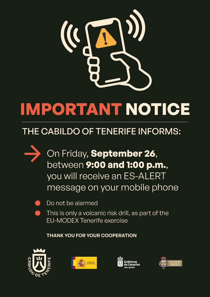 ⚠️ #SEGURIDAD 𝗧𝗲𝗻𝗲𝗿𝗶𝗳𝗲 𝗮𝗰𝘁𝗶𝘃𝗮𝗿𝗮́ 𝗺𝗮ñ𝗮𝗻𝗮 𝘃𝗶𝗲𝗿𝗻𝗲𝘀 𝗲𝗹 𝘀𝗶𝘀𝘁𝗲𝗺𝗮 𝗘𝗦-𝗔𝗟𝗘𝗥𝗧 𝘆 𝗹𝗮 𝗽𝗼𝗯𝗹𝗮𝗰𝗶𝗼́𝗻 𝗿𝗲𝗰𝗶𝗯𝗶𝗿𝗮́ 𝘂𝗻 𝗺𝗲𝗻𝘀𝗮𝗷𝗲 𝗱𝗲 𝗮𝘃𝗶𝘀𝗼 𝗲𝗻 𝘀𝘂 𝗺𝗼́𝘃𝗶𝗹 𝗱𝘂𝗿𝗮𝗻𝘁𝗲 𝗲𝗹 𝘀𝗶𝗺𝘂𝗹𝗮𝗰𝗿𝗼 𝘃𝗼𝗹𝗰𝗮́𝗻𝗶𝗰𝗼.