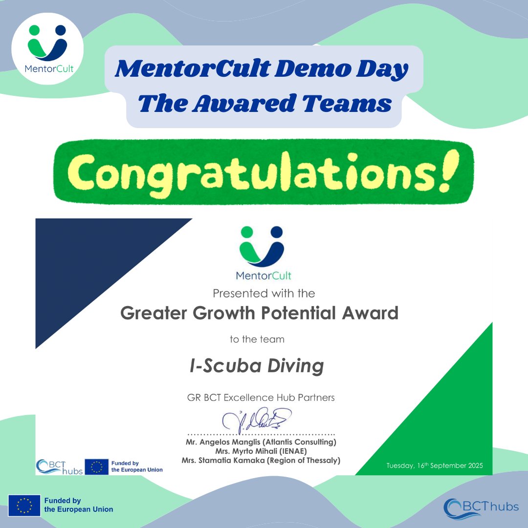 bcthubs's tweet photo. 🚨 MentorCult Demo Day 2025 

Meet the winners!!

👏 Congrats to all for their inspiring pitches &amp; hard work!
👉 More here: https://t.co/t5xOb9Tv9u

#MentorCult #BCThubs #Innovation #Entrepreneurship #BlueCulture @CORDIS_EU  @HorizonEU https://t.co/vgZKbRiA9F