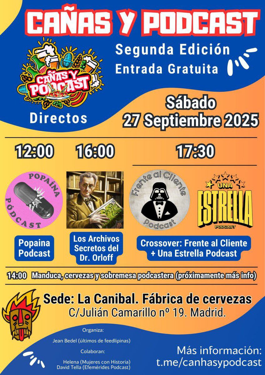 Gentuza y más gentuza reunida en Madrid este Sábado en un evento gratuíto. Podcasters y oyentes de toda España reunidos para conocerse, tomar cañas y ver 3 directos... ¡Entre ellos el de un servidor!
Sin patrocinios de plataformas ni stars mediáticas...
¡PODCAST PATA NEGRA!